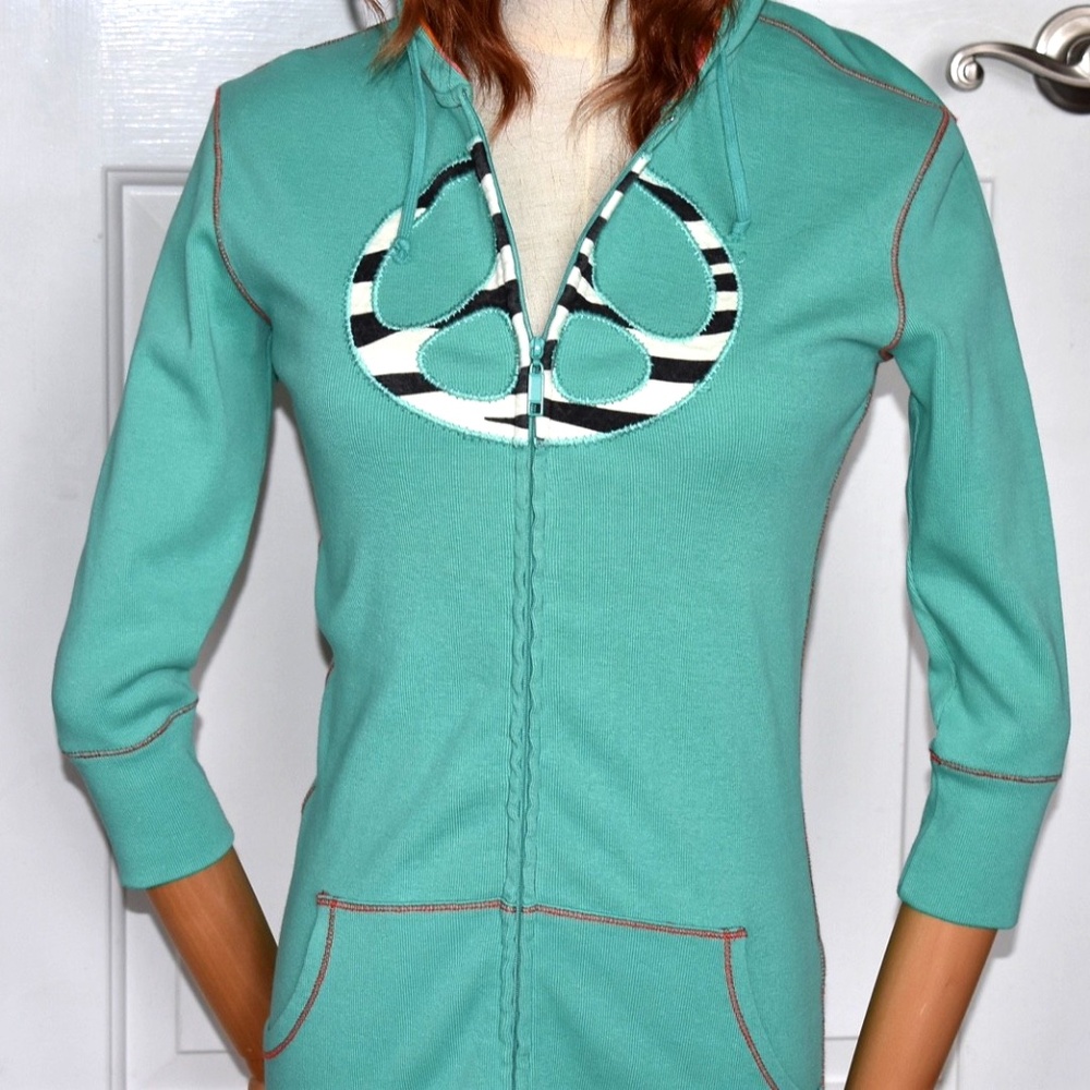 Rare Vintage Y2K Lucky Brand 3/4 Sleeve Peace Sign Patch Hippie Zip Hoodie S